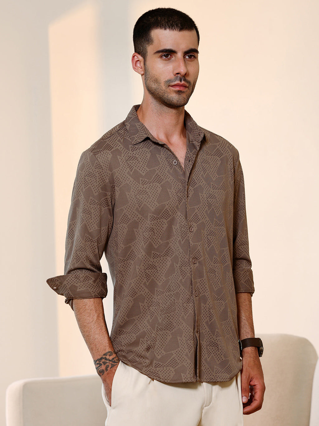 Brown Geometric Print Cuban Collar Shirt