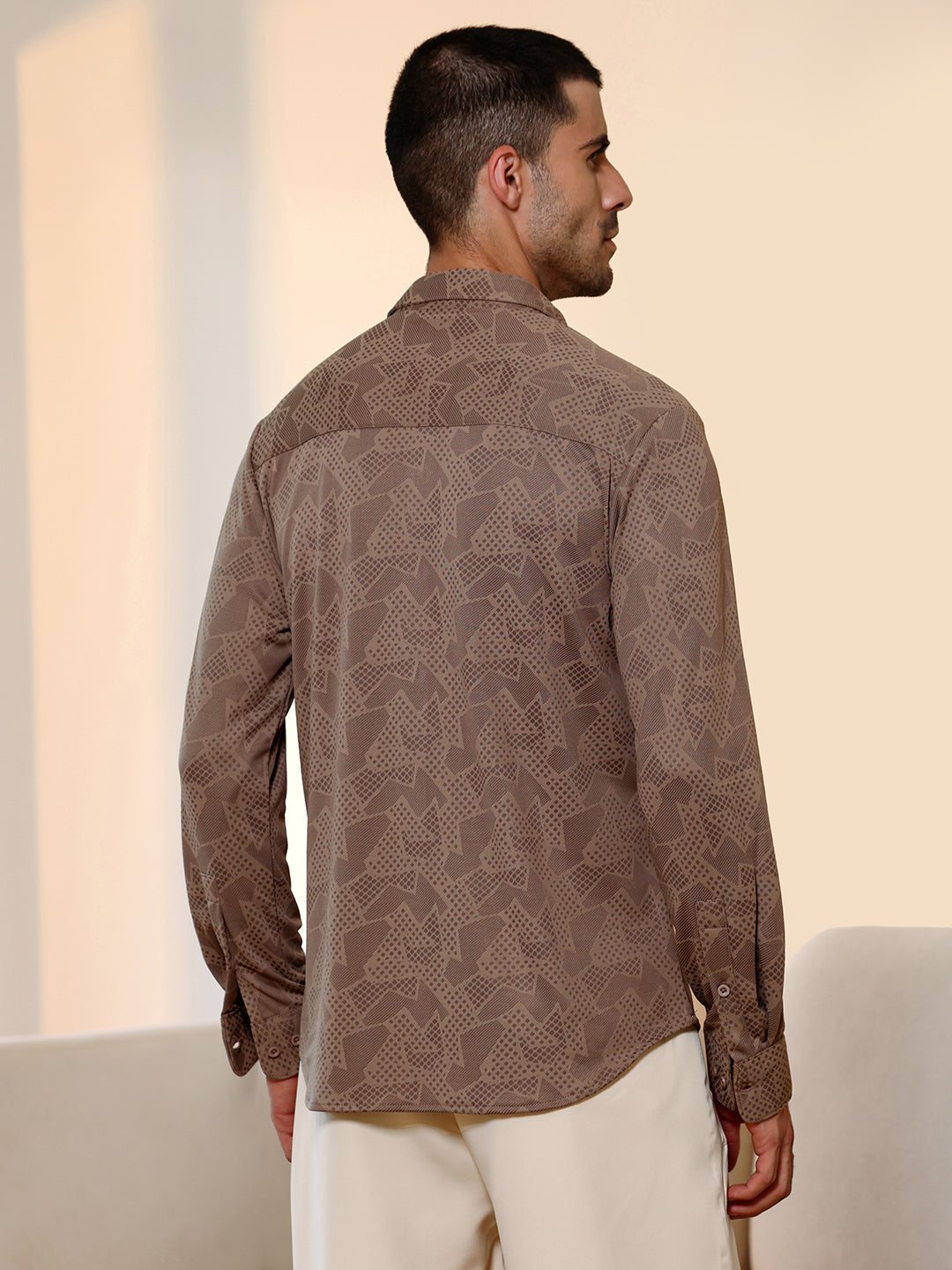 Brown Geometric Print Cuban Collar Shirt