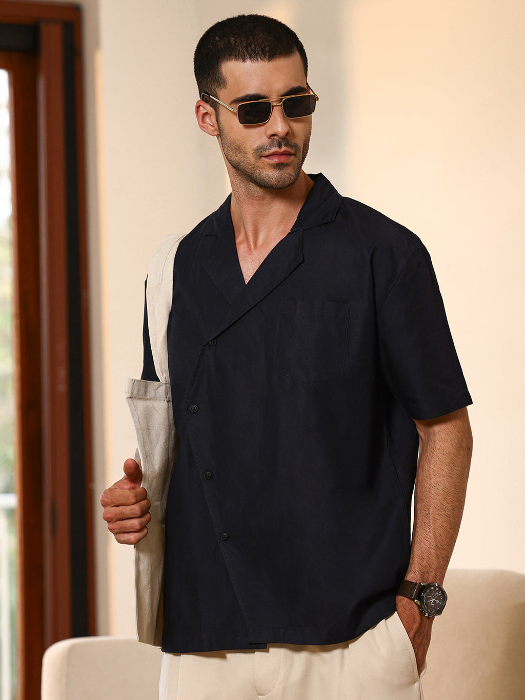 Asymmetrical Placket Cuban Collar Shirt