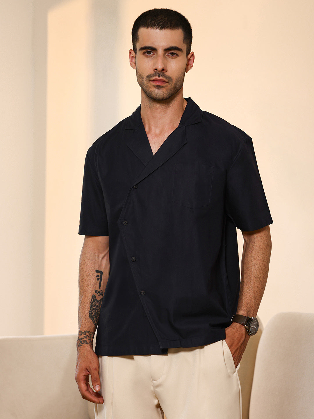 Asymmetrical Placket Cuban Collar Shirt