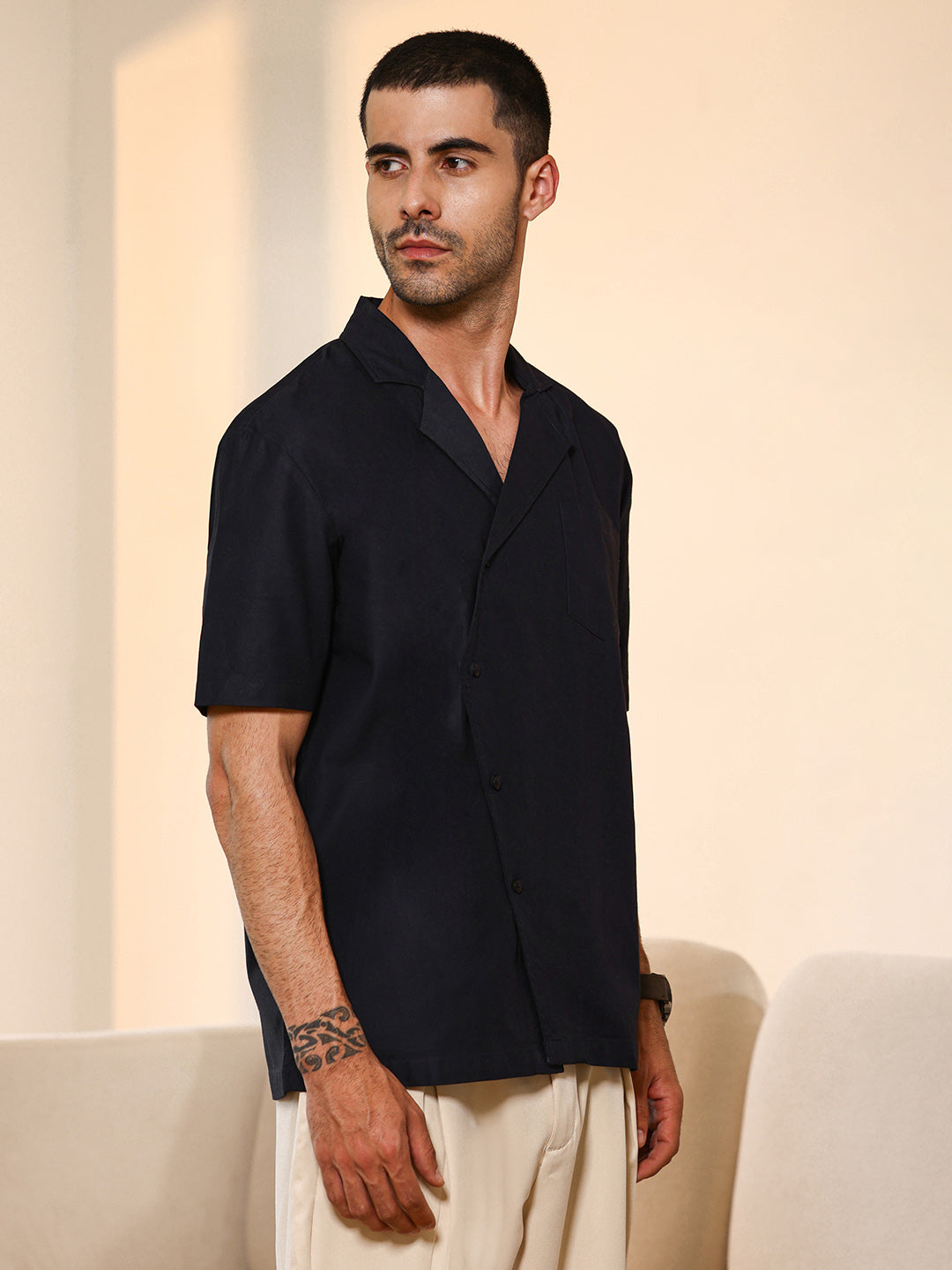 Asymmetrical Placket Cuban Collar Shirt