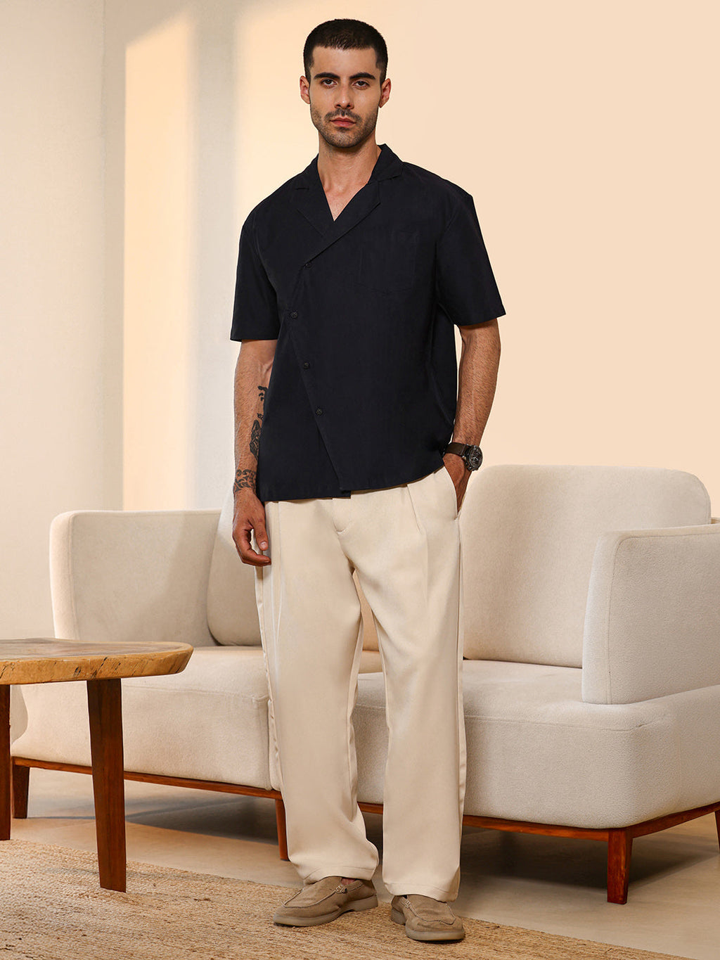 Asymmetrical Placket Cuban Collar Shirt