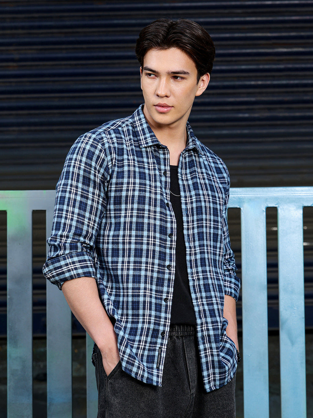 Men's Navy Blue Tartan Check Shirt