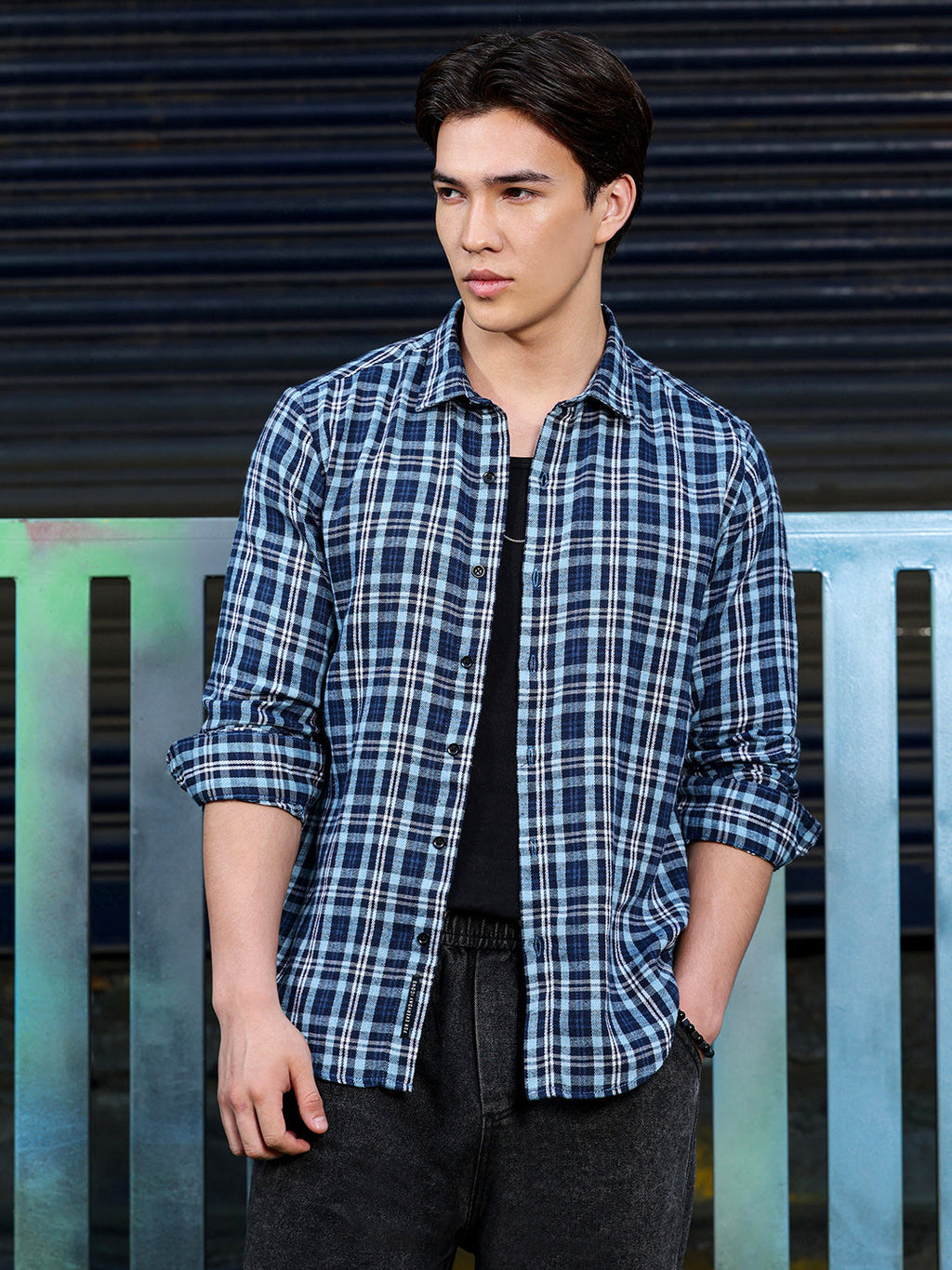 Men's Navy Blue Tartan Check Shirt
