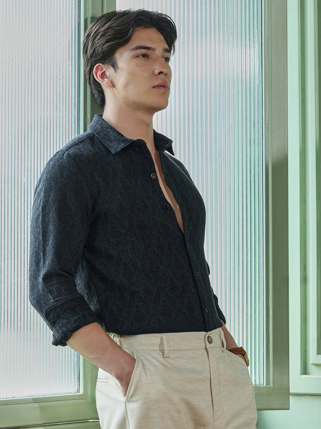 Men's Charcoal Grey Self Design Shirt
