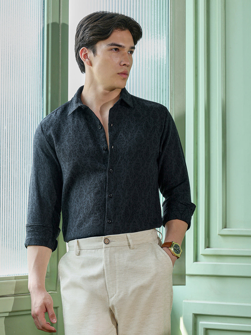 Men's Charcoal Grey Self Design Shirt