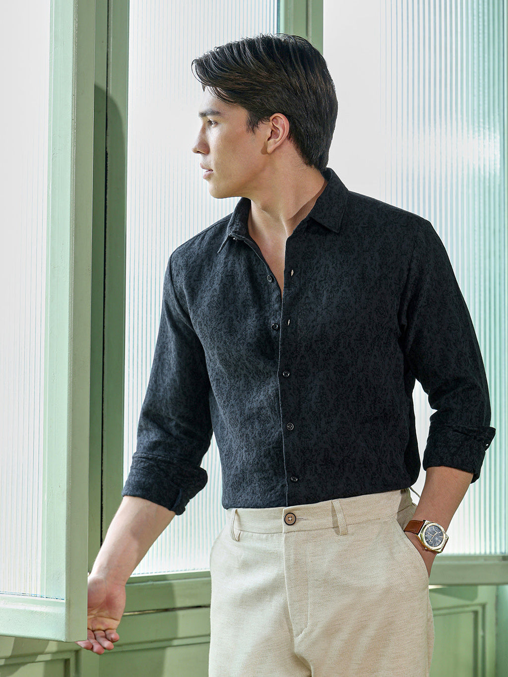 Men's Charcoal Grey Self Design Shirt