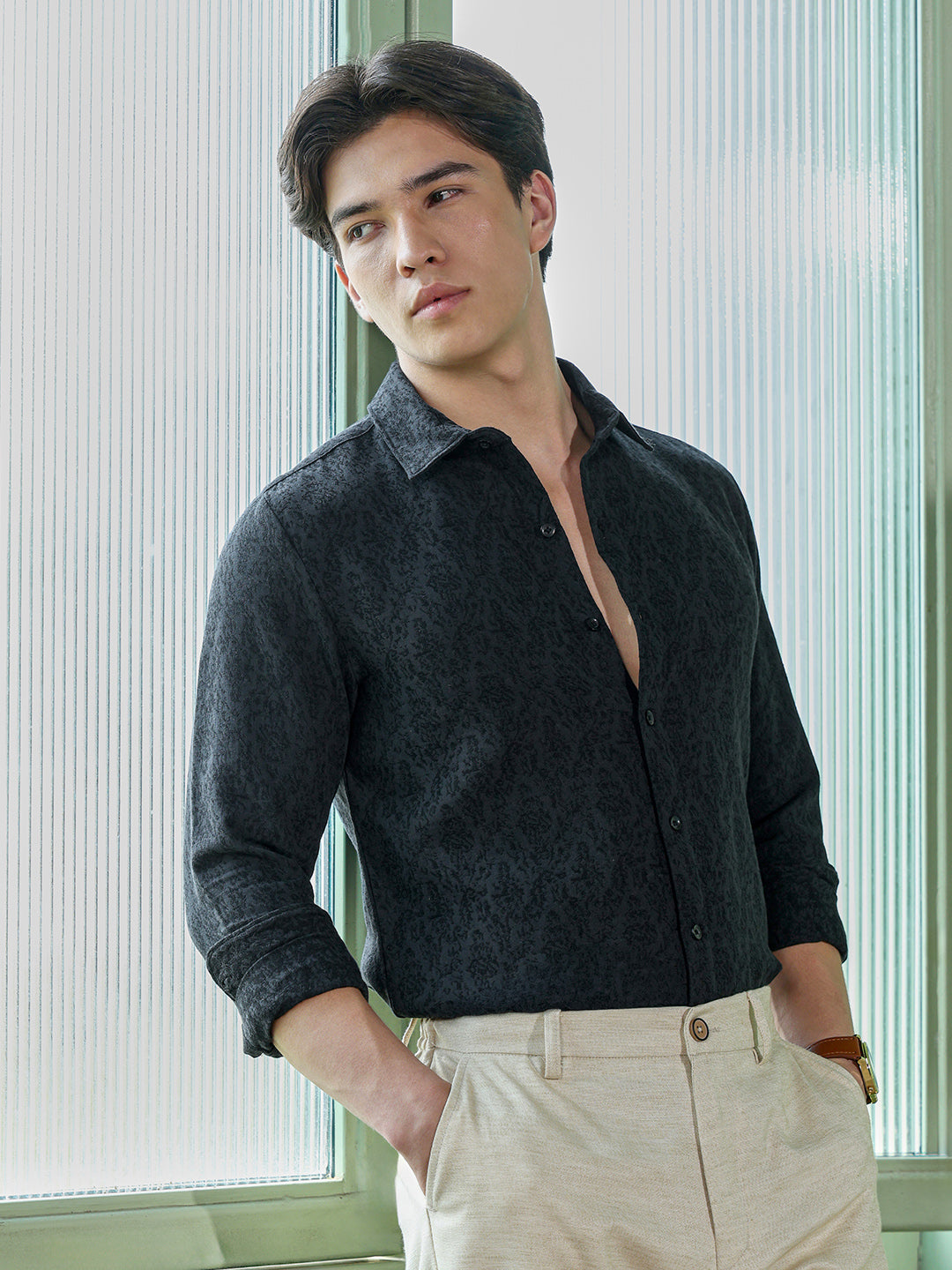 Men's Charcoal Grey Self Design Shirt
