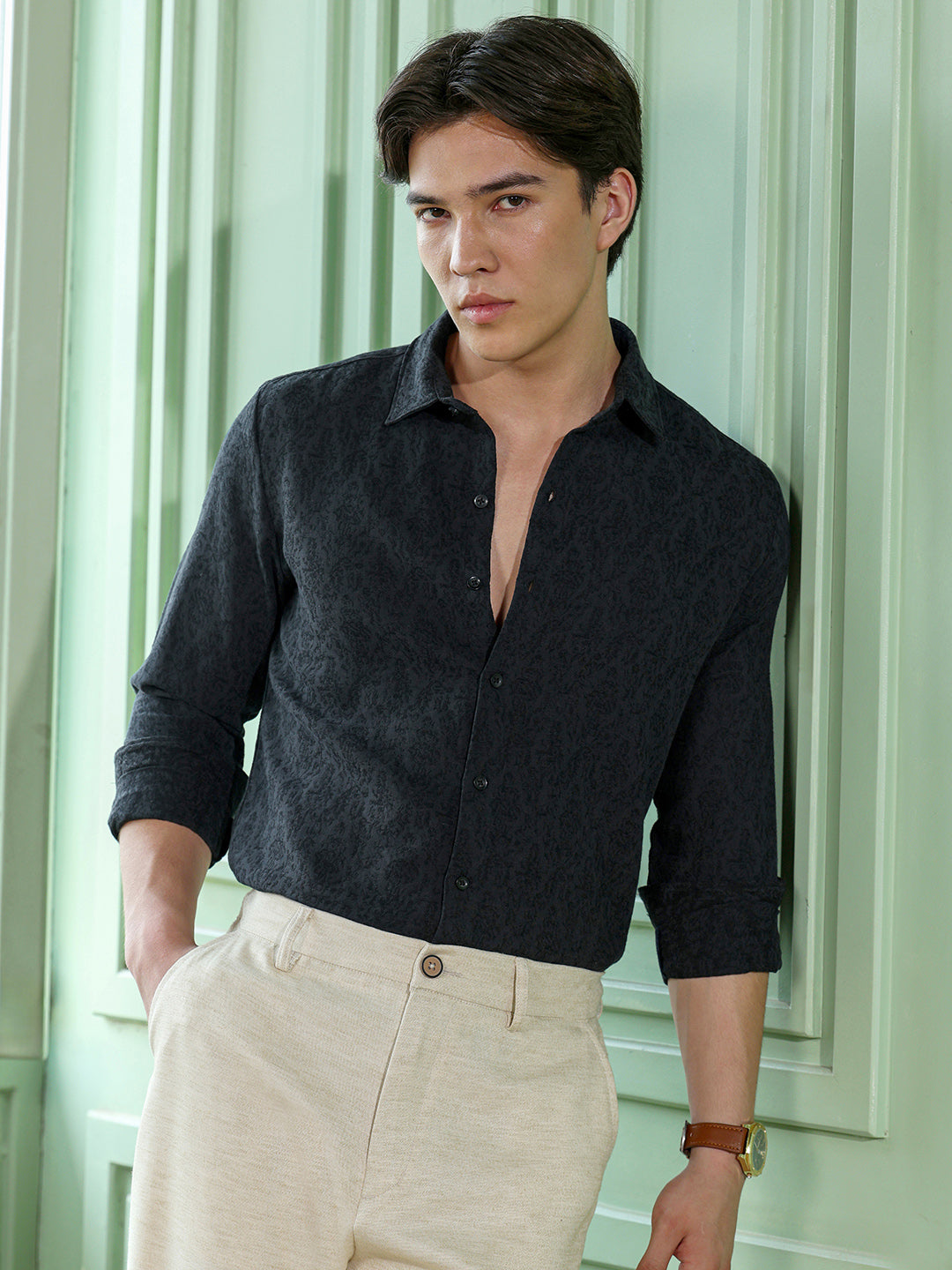 Men's Charcoal Grey Self Design Shirt