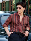 Men's Rust & Black Vertical Stripe Regular Fit Casual Shirt