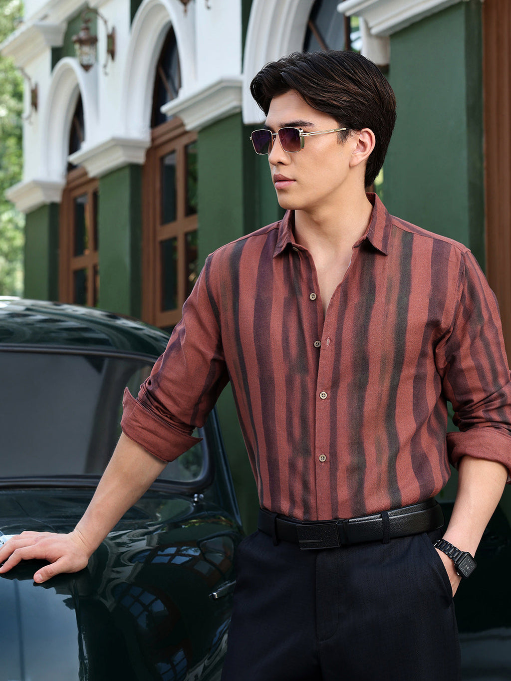 Men's Rust & Black Vertical Stripe Regular Fit Casual Shirt