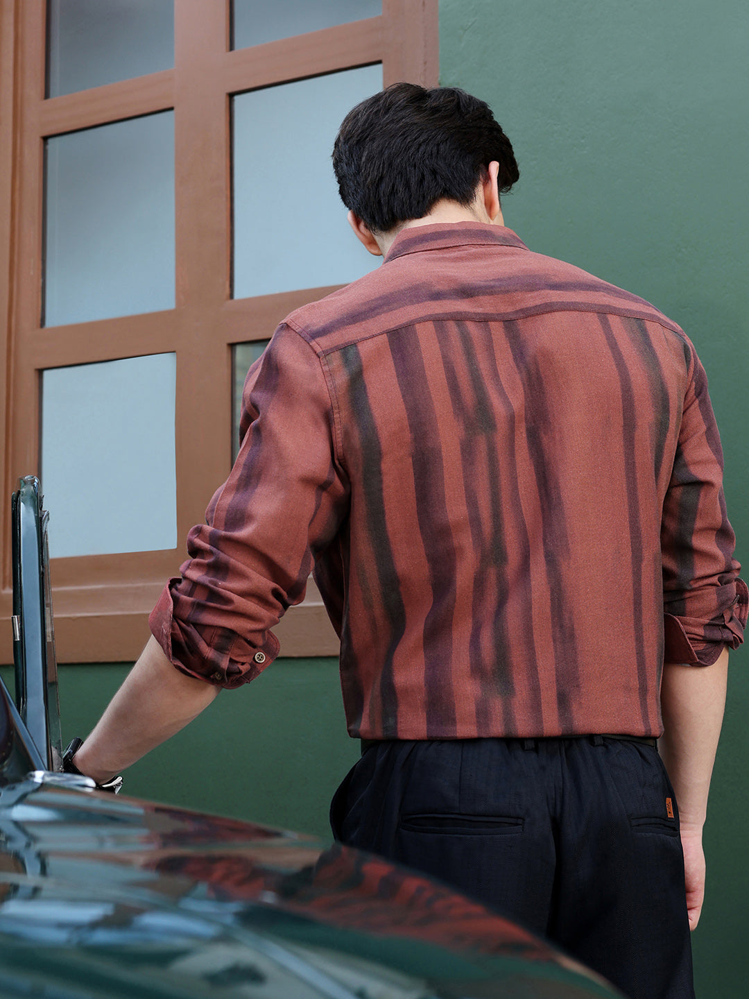 Men's Rust & Black Vertical Stripe Regular Fit Casual Shirt