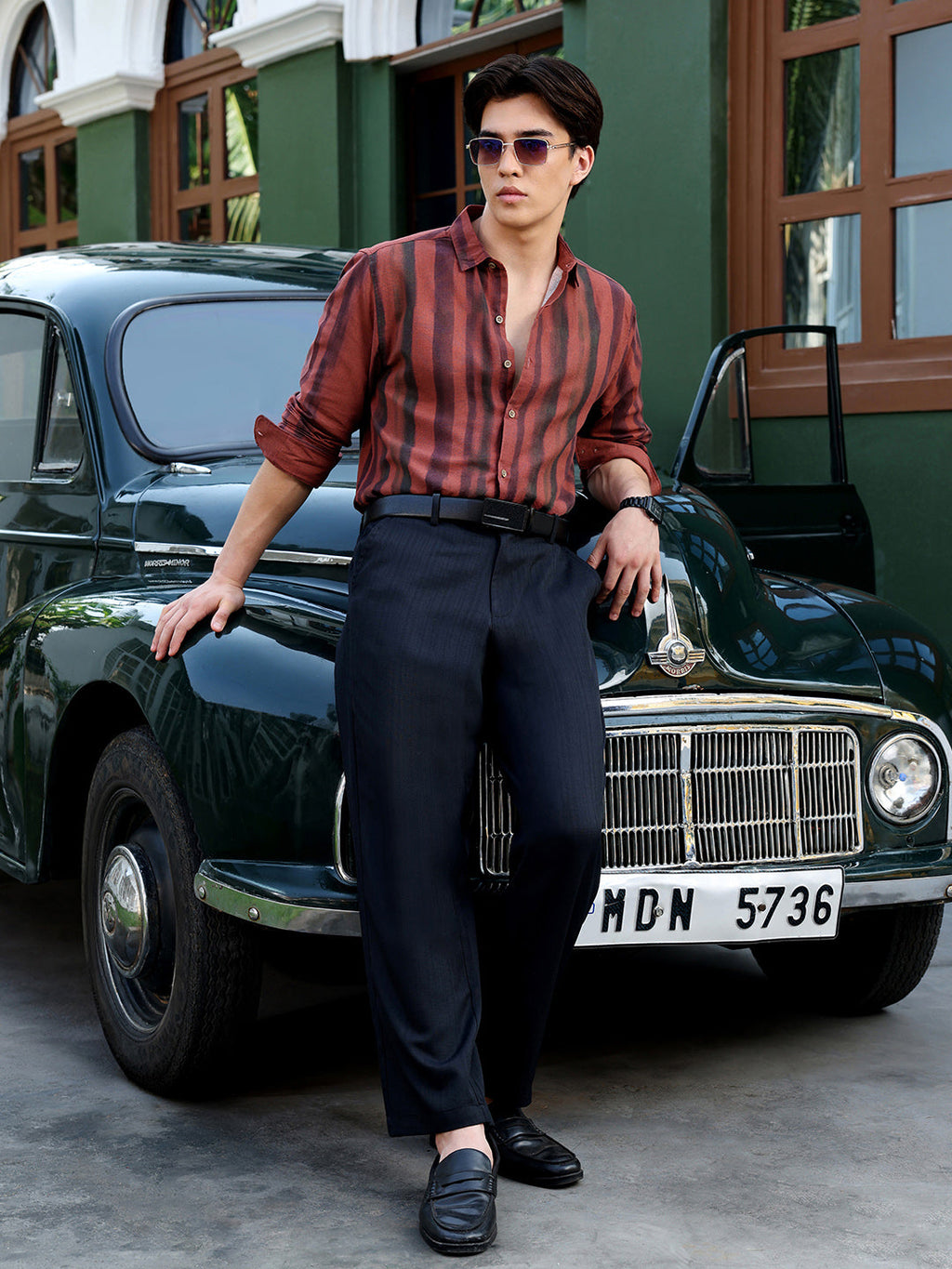 Men's Rust & Black Vertical Stripe Regular Fit Casual Shirt