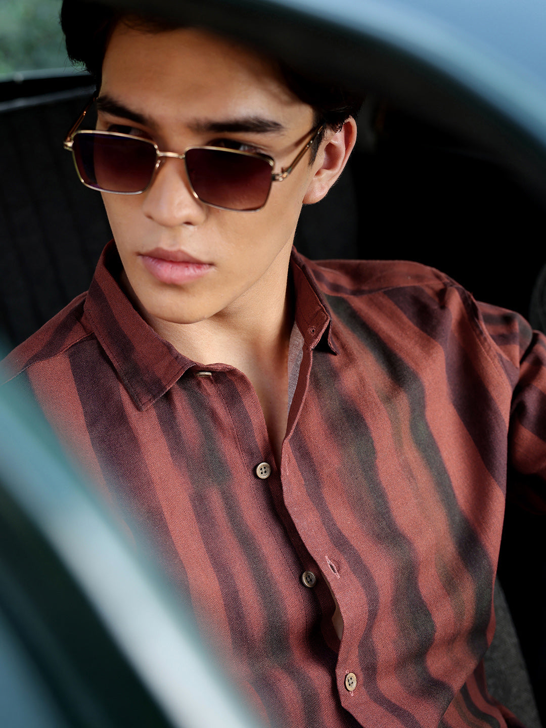 Men's Rust & Black Vertical Stripe Regular Fit Casual Shirt