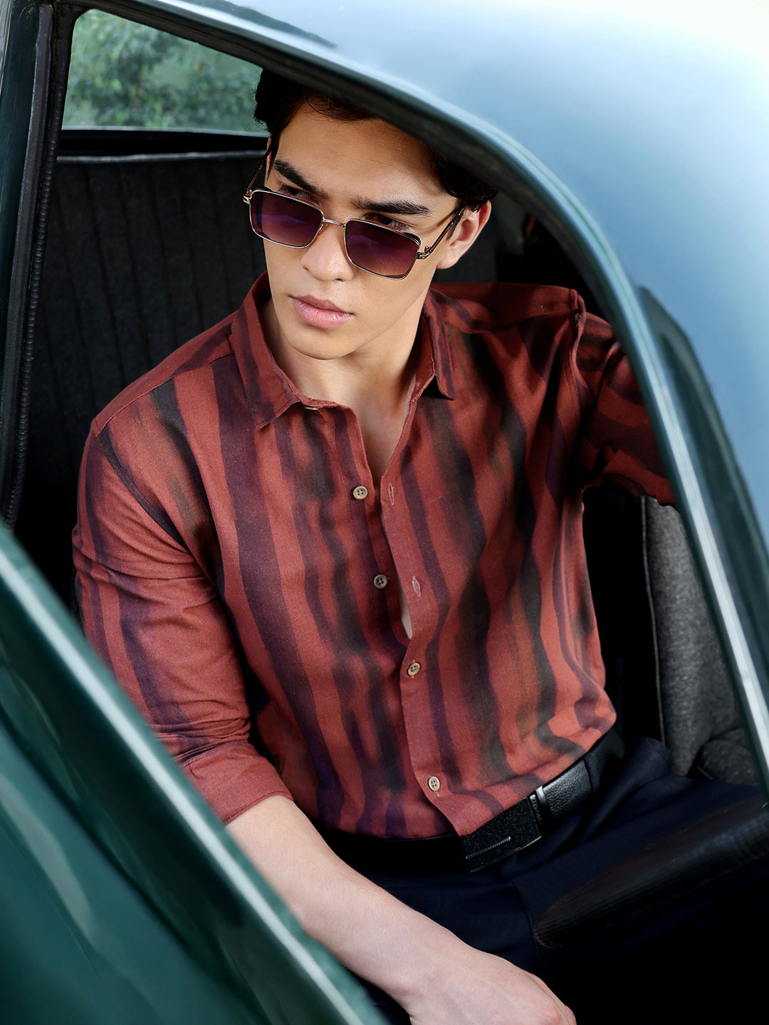 Men's Rust & Black Vertical Stripe Regular Fit Casual Shirt
