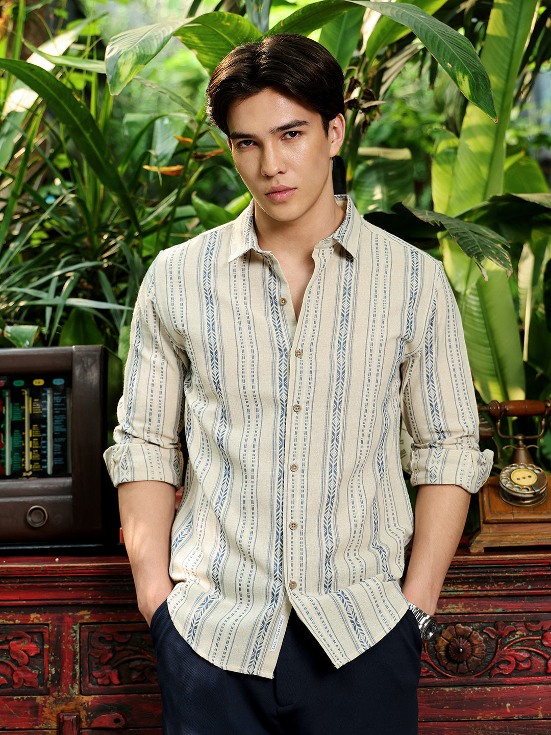 Men's Beige Self Design Shirt