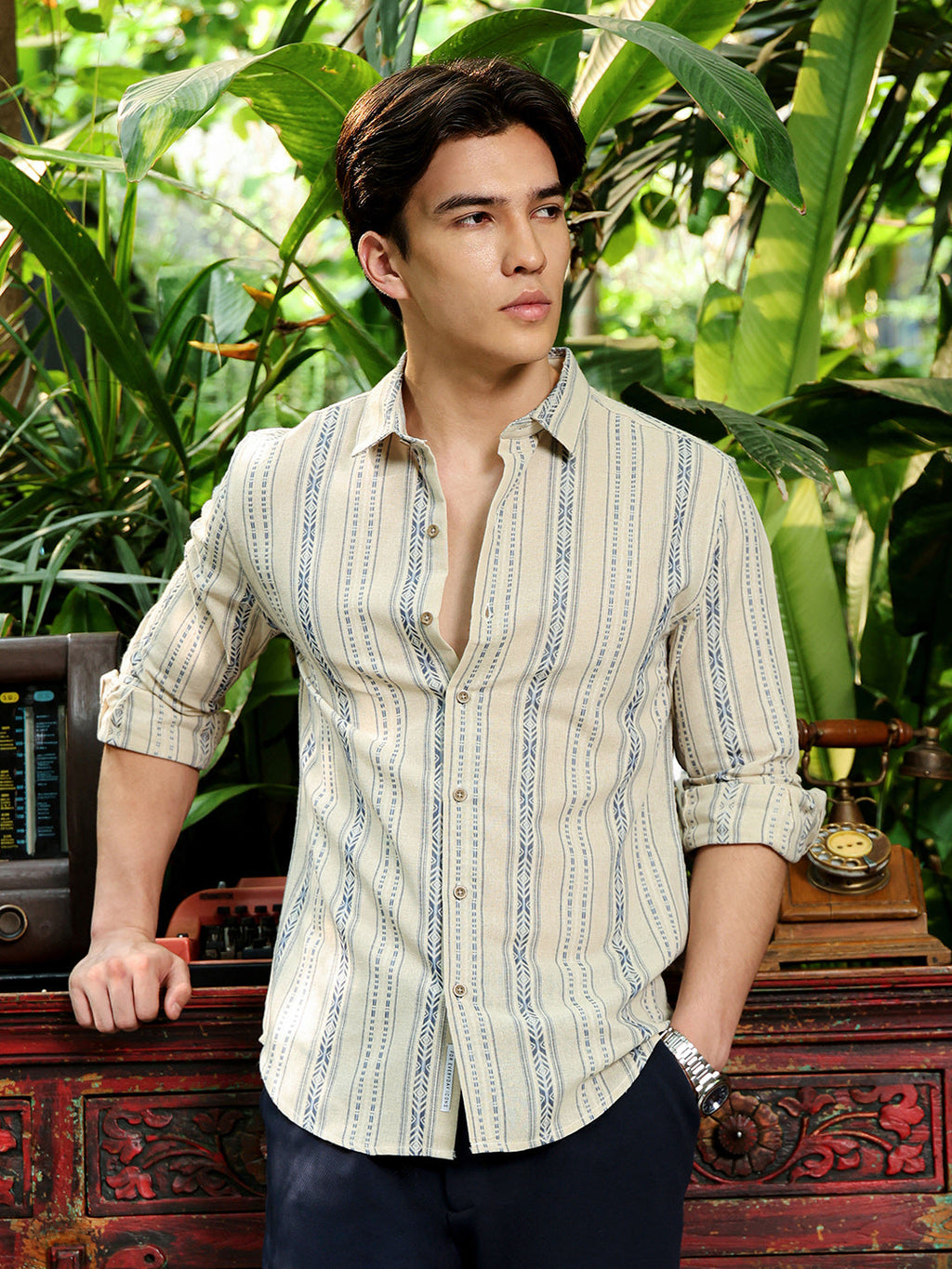 Men's Beige Self Design Shirt