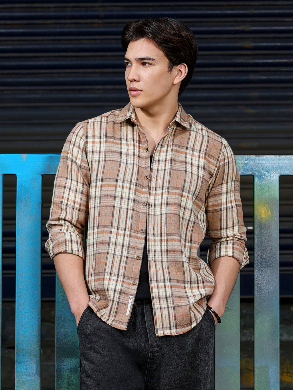 Men's Light Brown Tartan Check Shirt