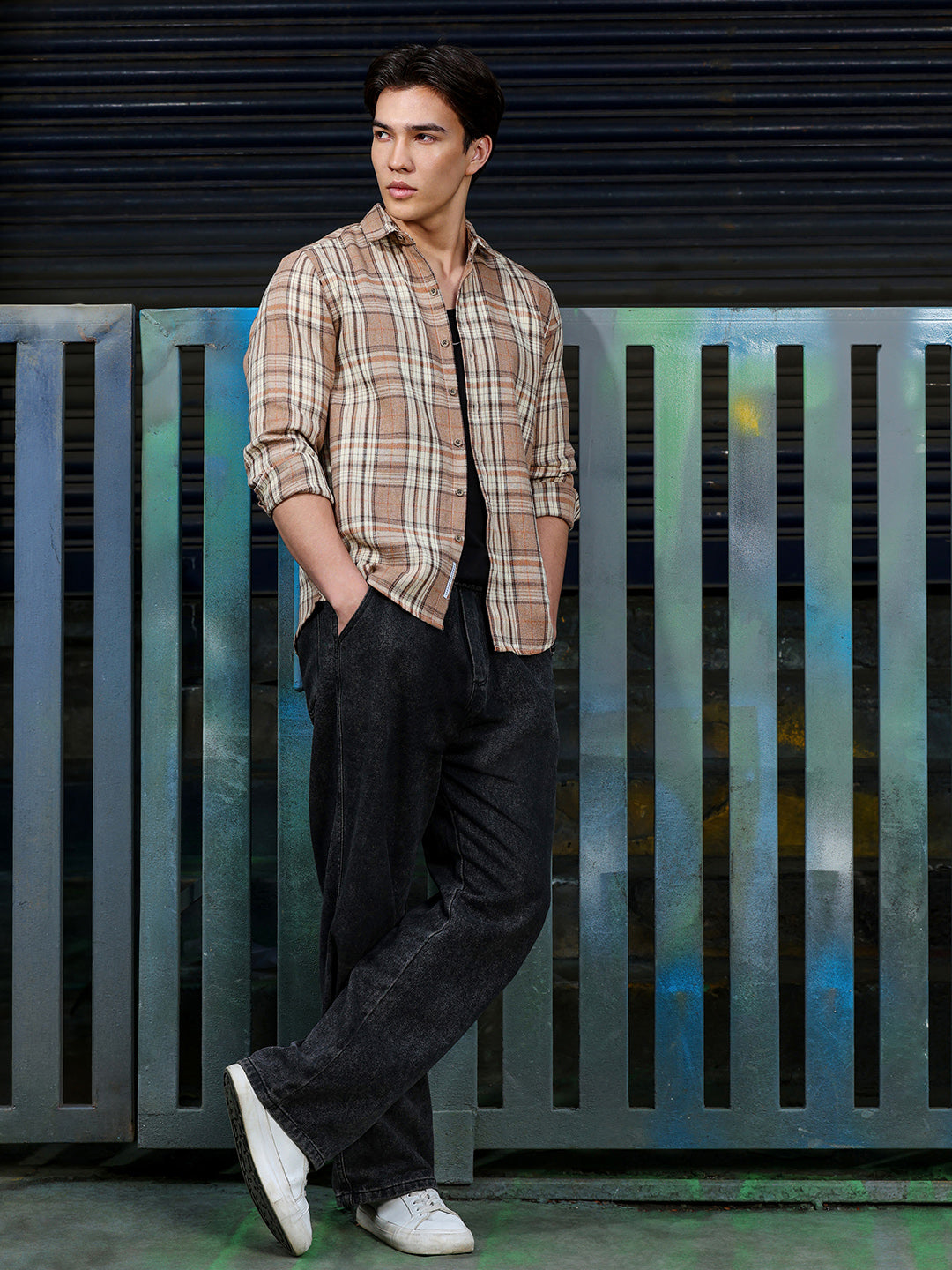 Men's Light Brown Tartan Check Shirt