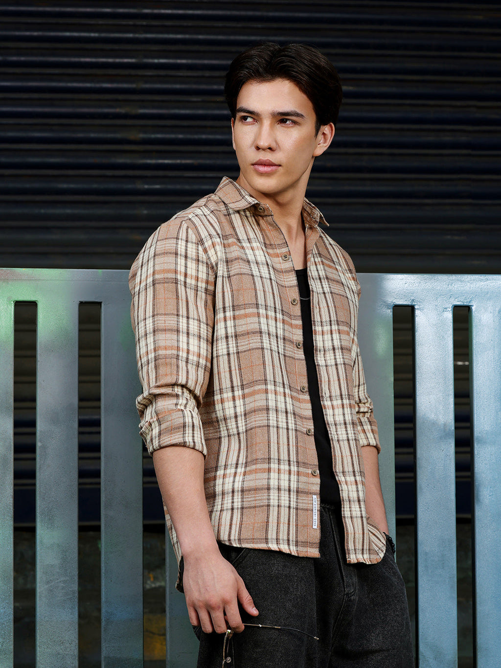 Men's Light Brown Tartan Check Shirt