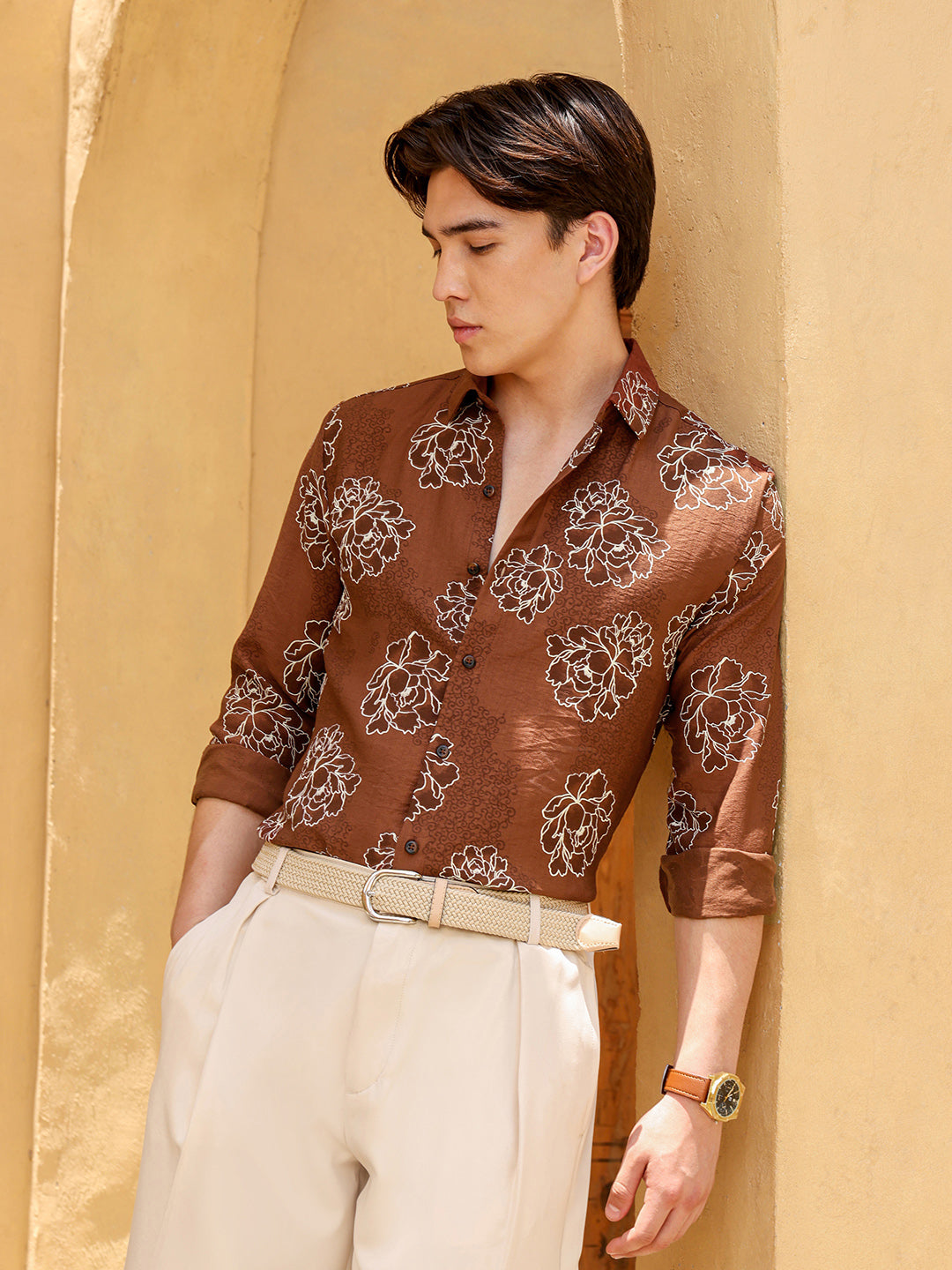 Men's Brown Floral Print Regular Fit Casual Shirt