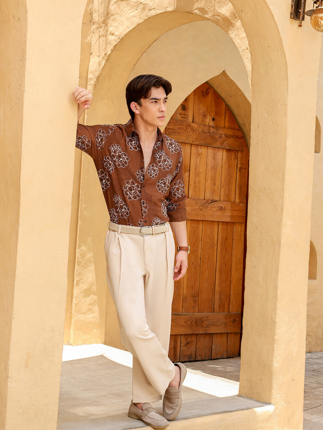 Men's Brown Floral Print Regular Fit Casual Shirt