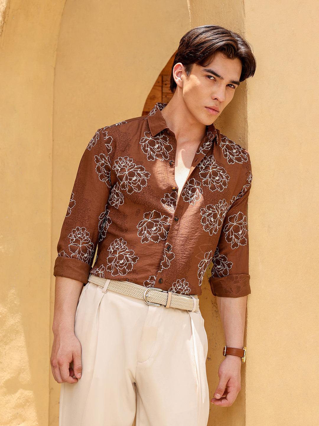 Men's Brown Floral Print Regular Fit Casual Shirt