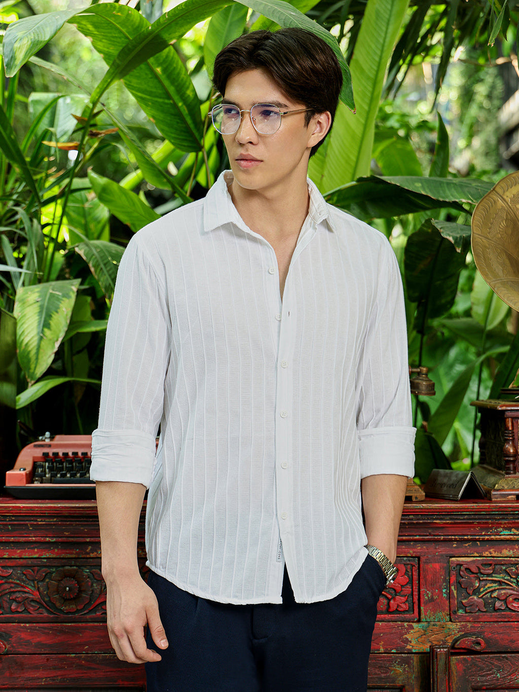 Men's White Self Design Shirt