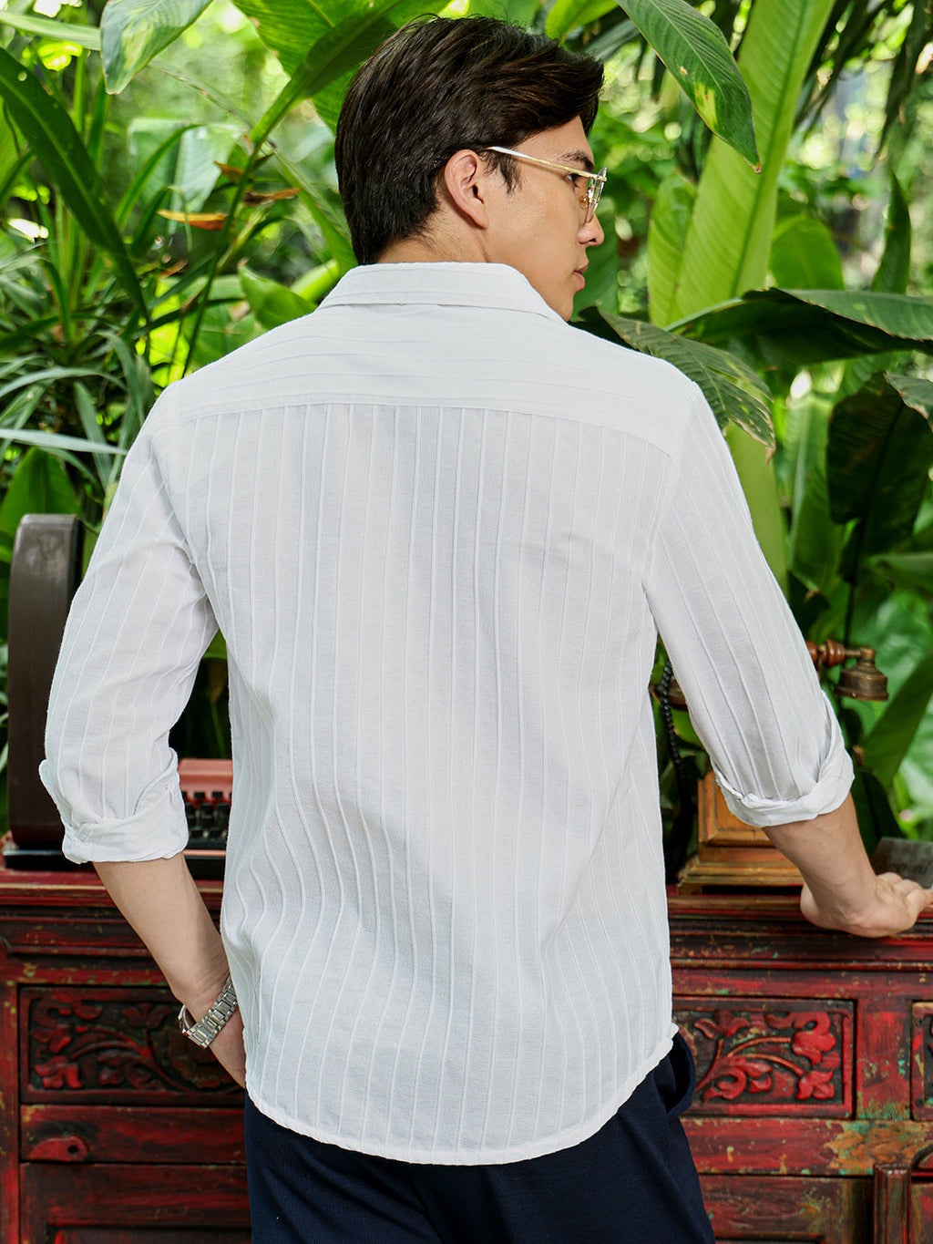 Men's White Self Design Shirt