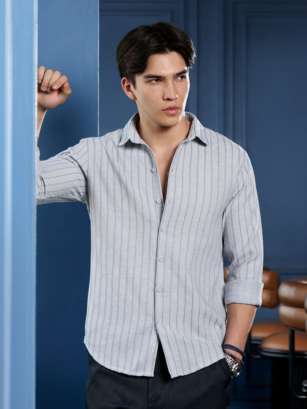 Men's Light Grey Self Design Shirt