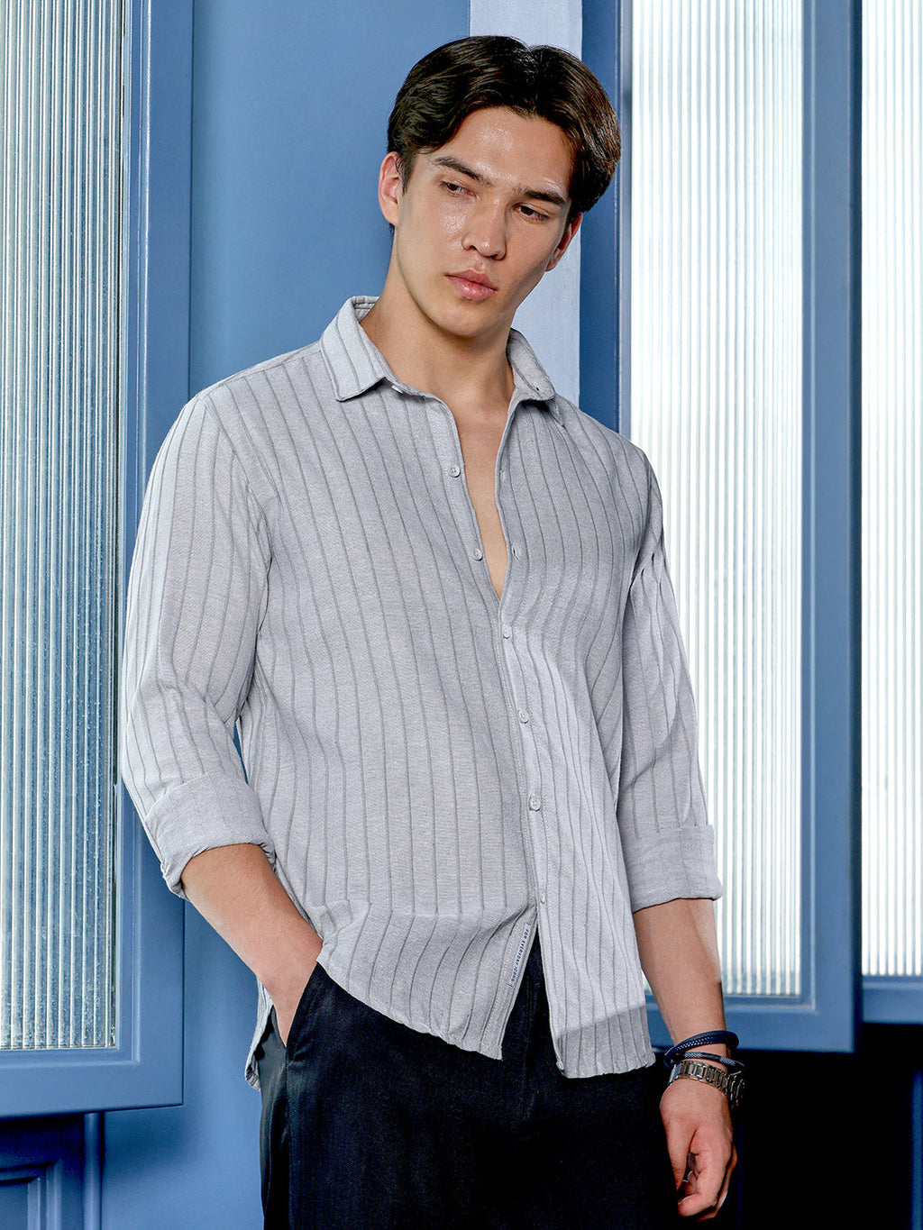 Men's Light Grey Self Design Shirt