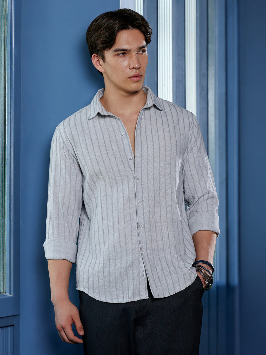 Men's Light Grey Self Design Shirt
