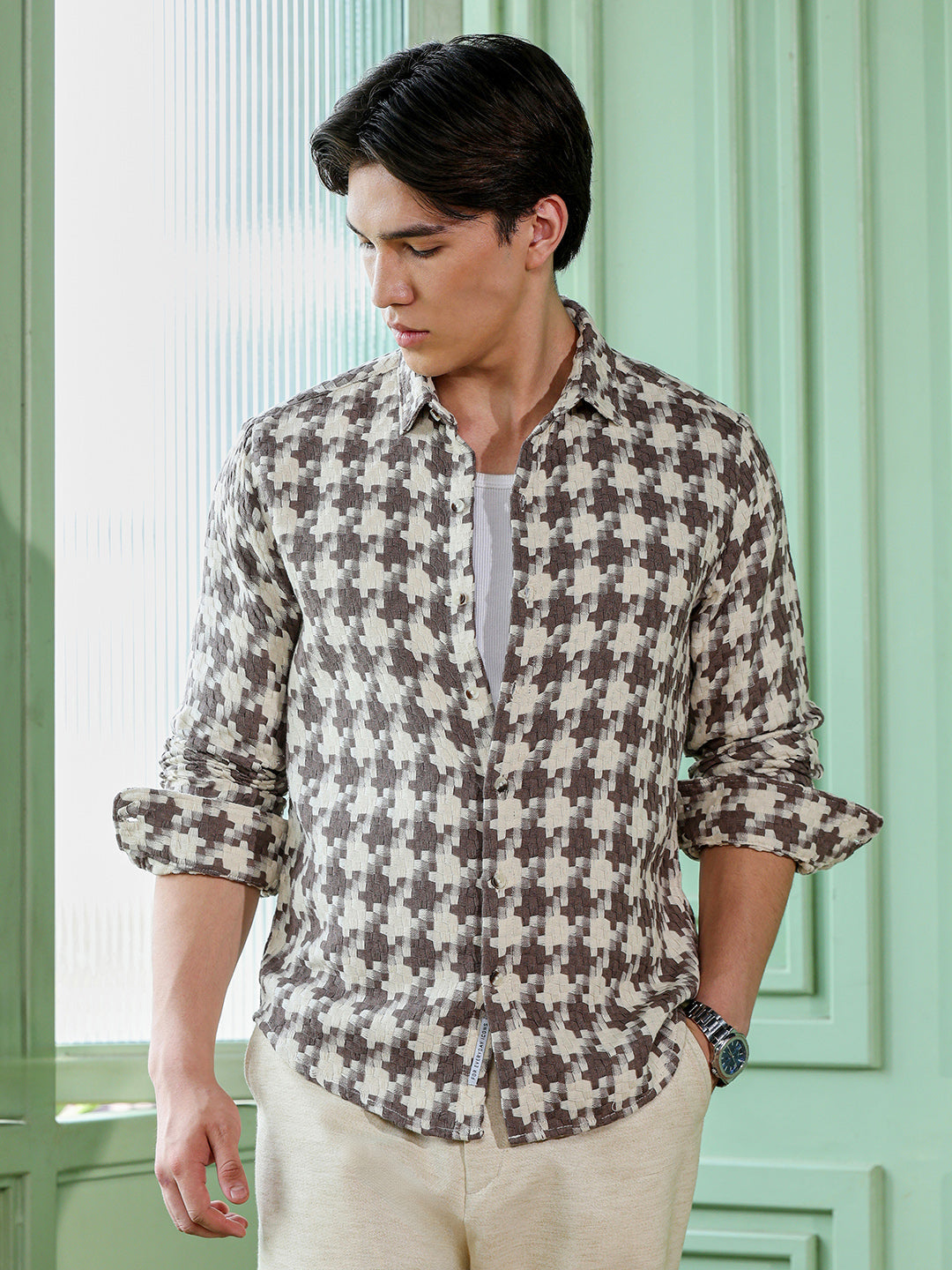 Men's Brown Houndstooth Check Shirt