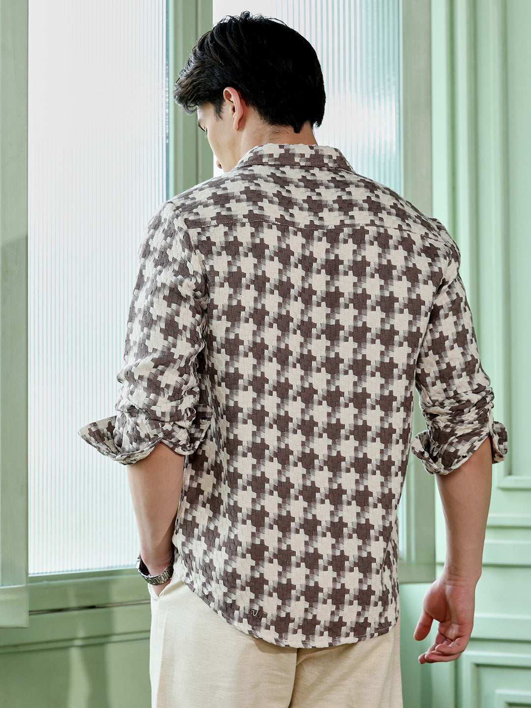 Men's Brown Houndstooth Check Shirt