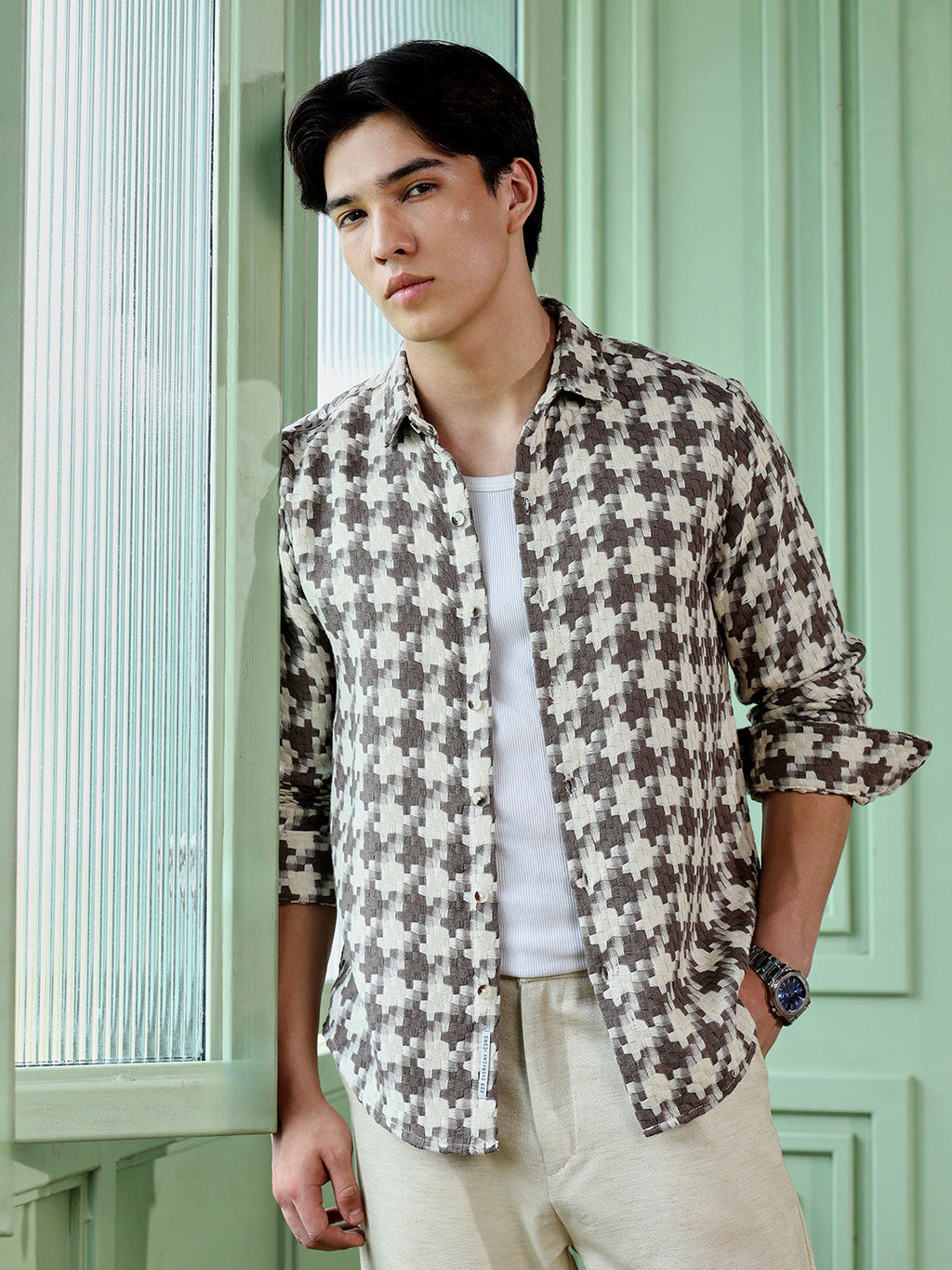 Men's Brown Houndstooth Check Shirt