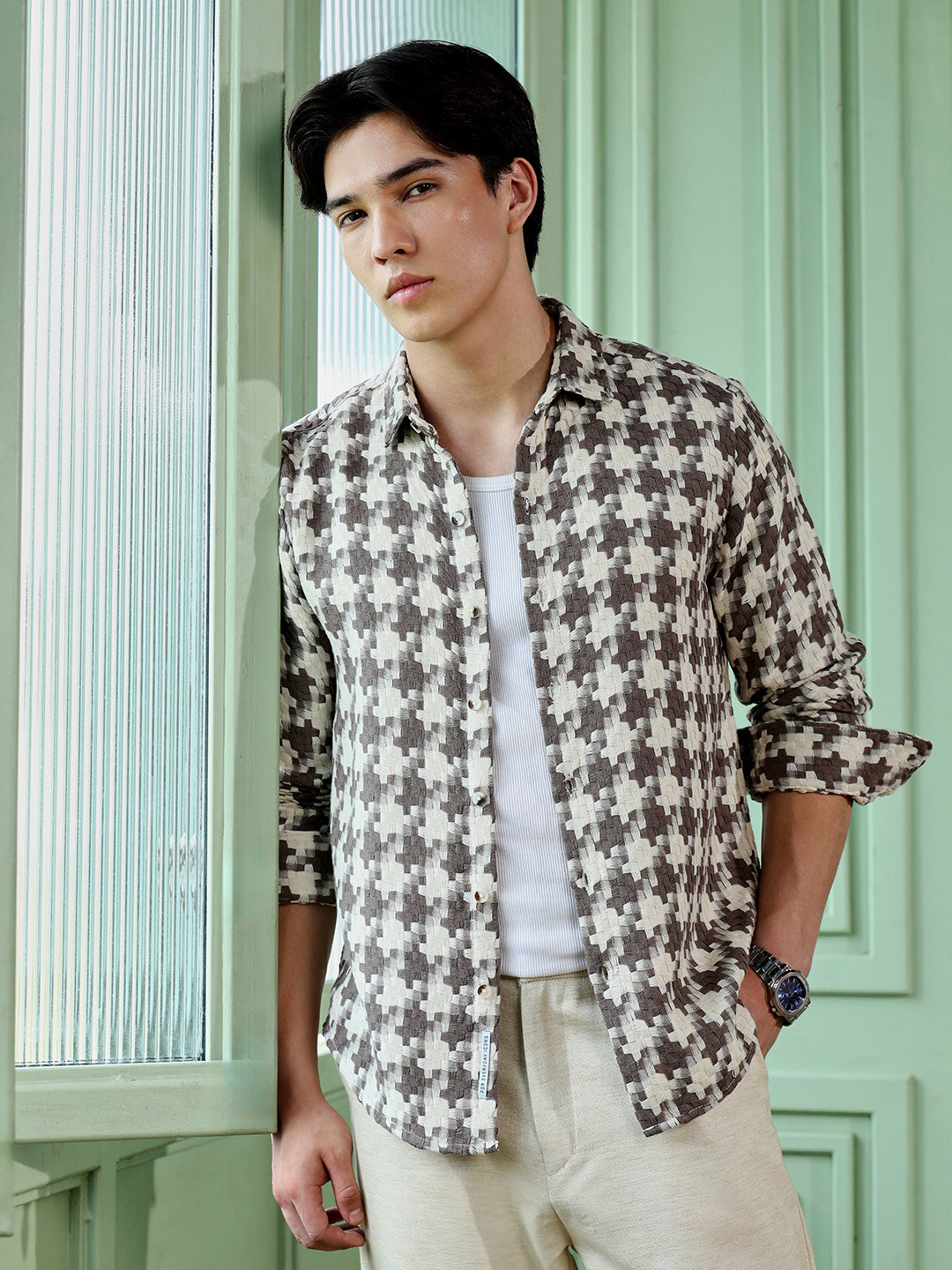 Men's Brown Houndstooth Check Shirt