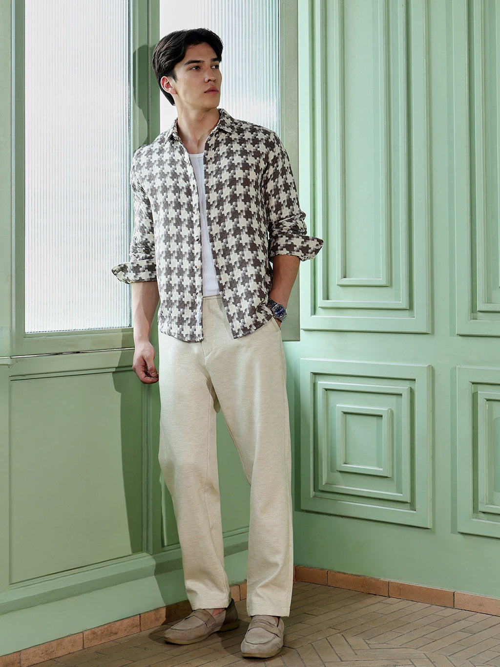 Men's Brown Houndstooth Check Shirt