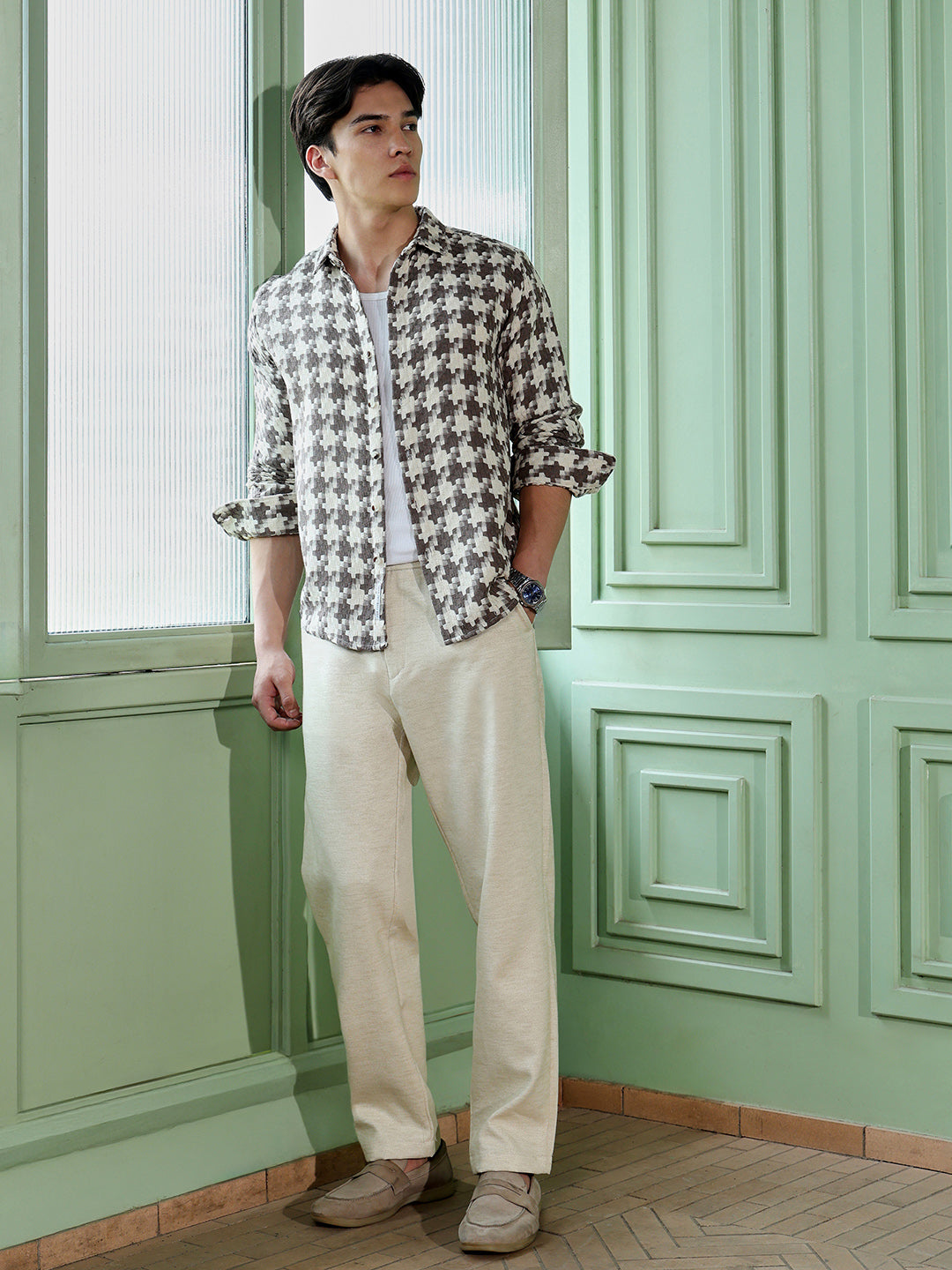 Men's Brown Houndstooth Check Shirt