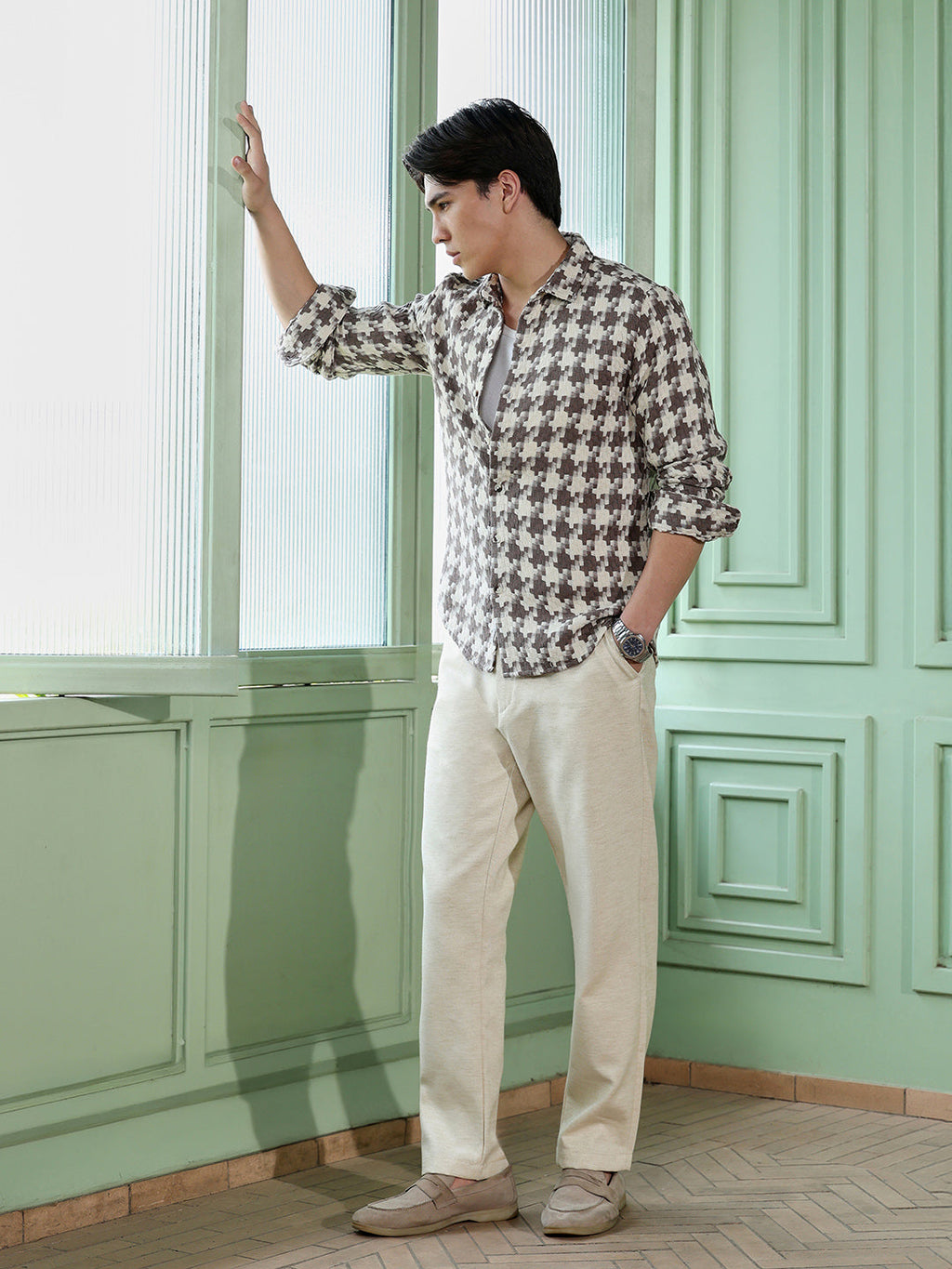 Men's Brown Houndstooth Check Shirt