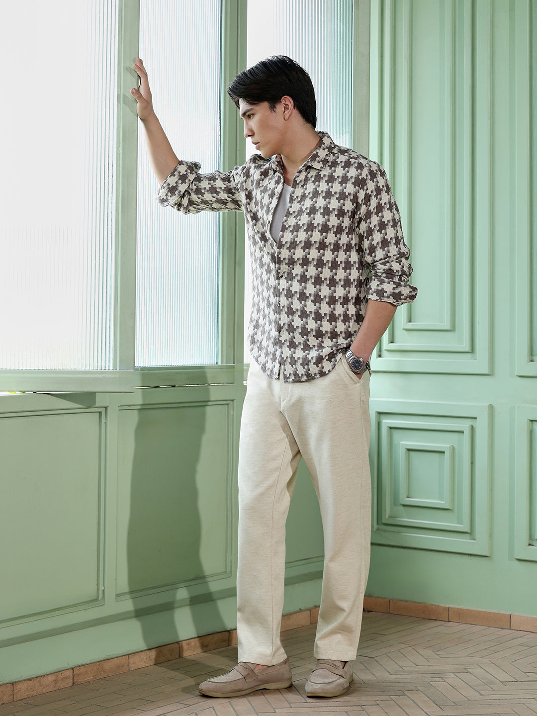 Men's Brown Houndstooth Check Shirt