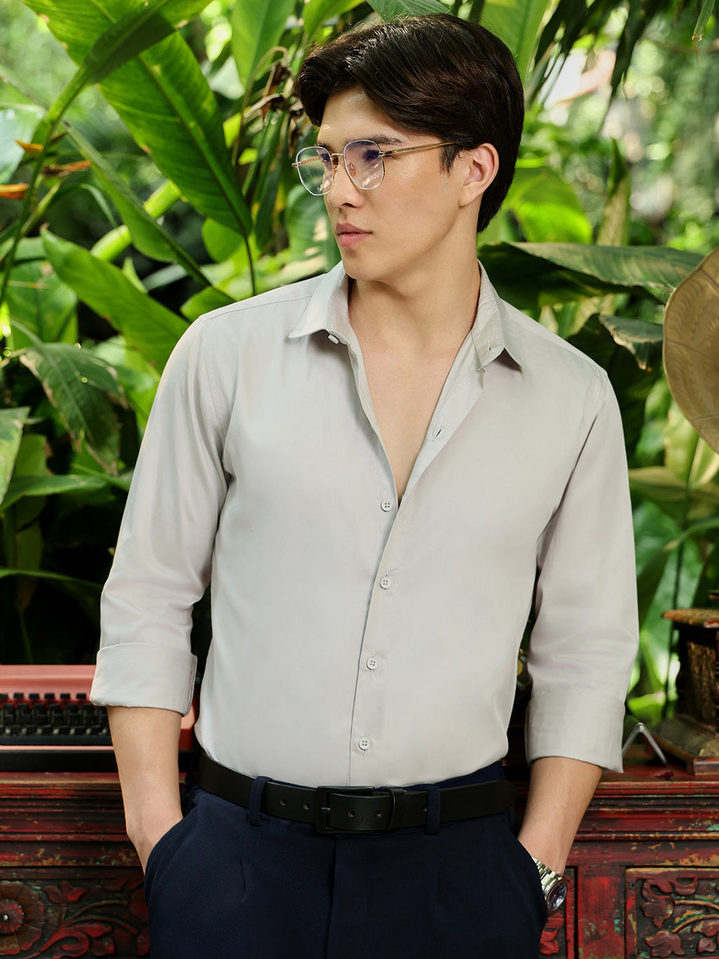 Men's Light Grey Solid Shirt