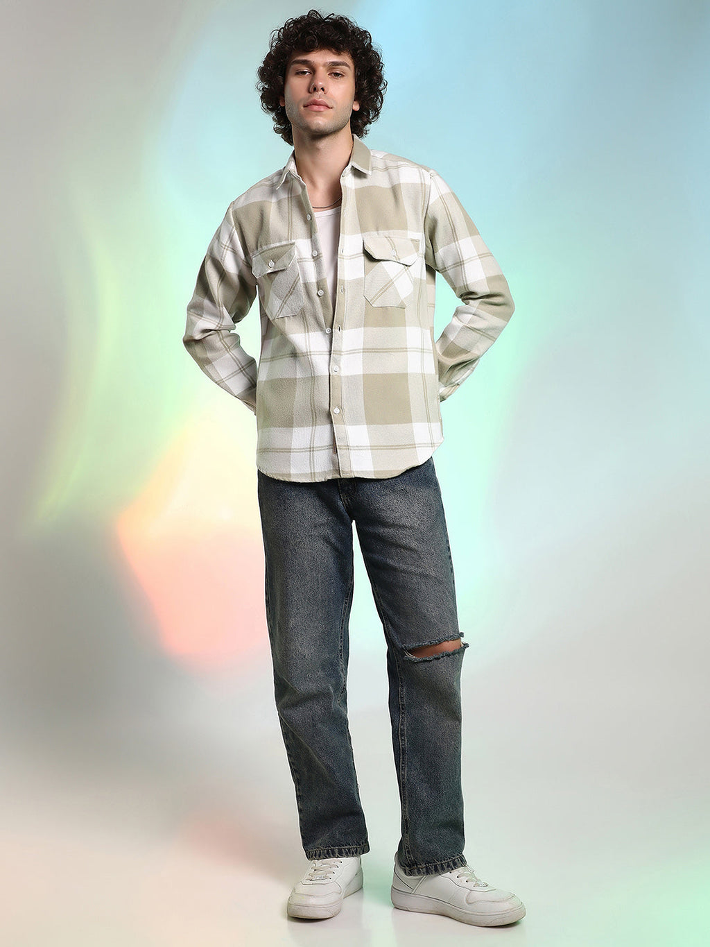 Beige Plaid Cotton Shirt With Full Sleeves