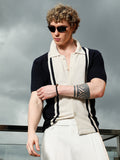 Navy And Cream Textured Knit Polo Shirt