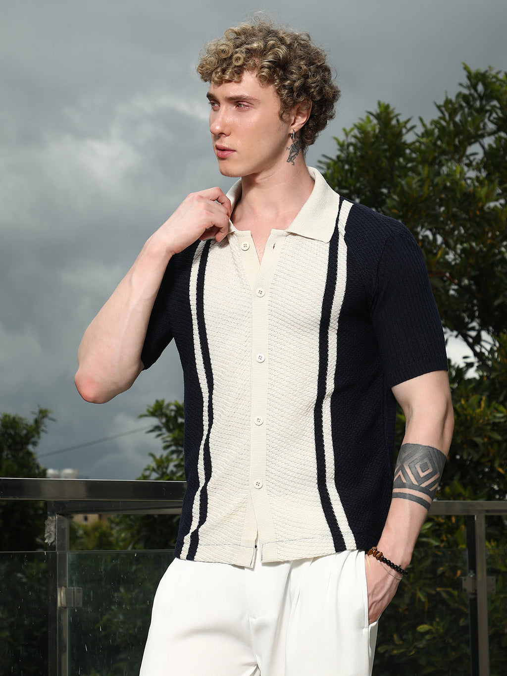 Navy And Cream Textured Knit Polo Shirt