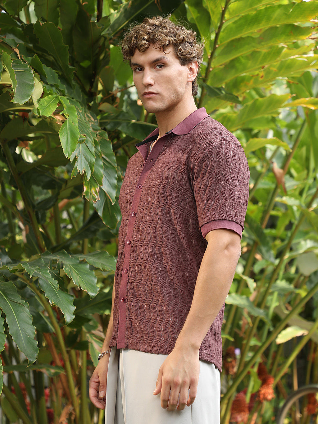Burgundy Textured Cuban Collar Shirt