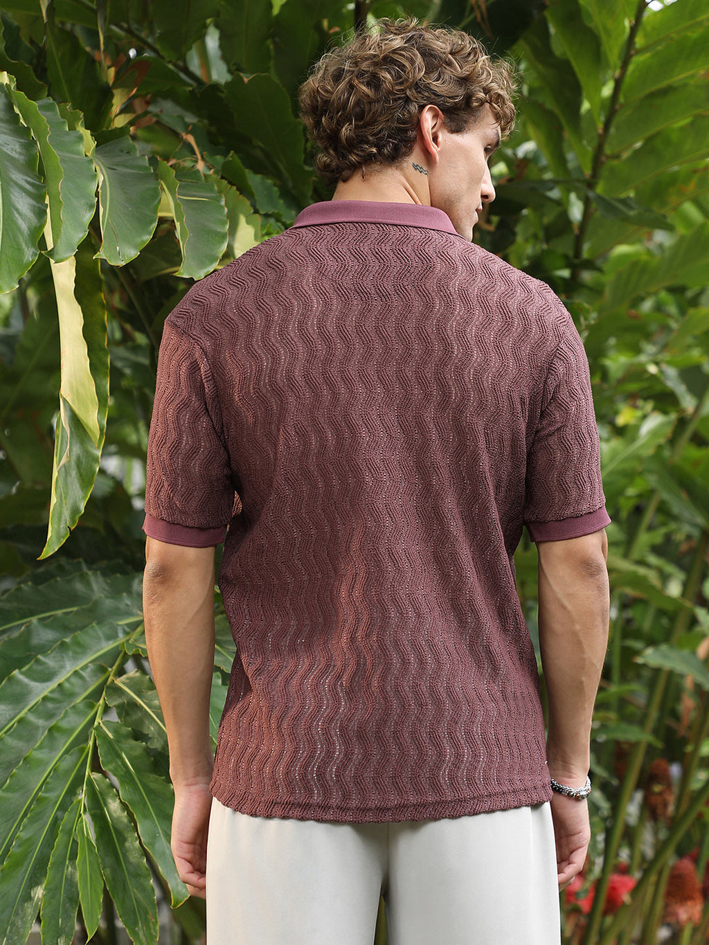 Burgundy Textured Cuban Collar Shirt