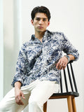 Navy Blue and White Abstract Pattern Rayon Shirt
