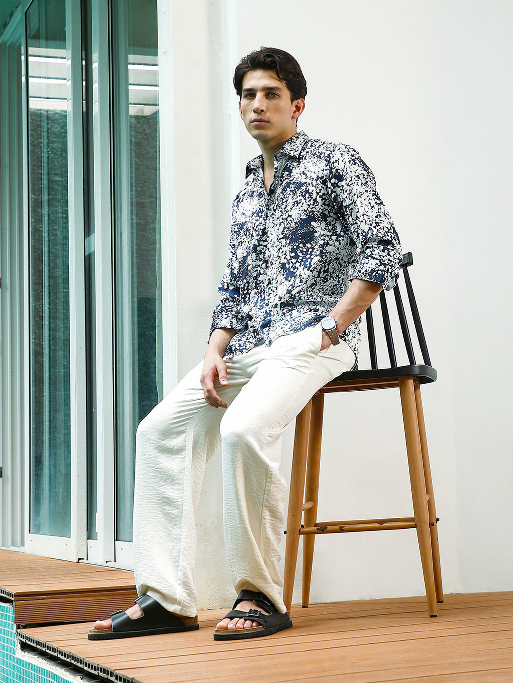 Navy Blue and White Abstract Pattern Rayon Shirt