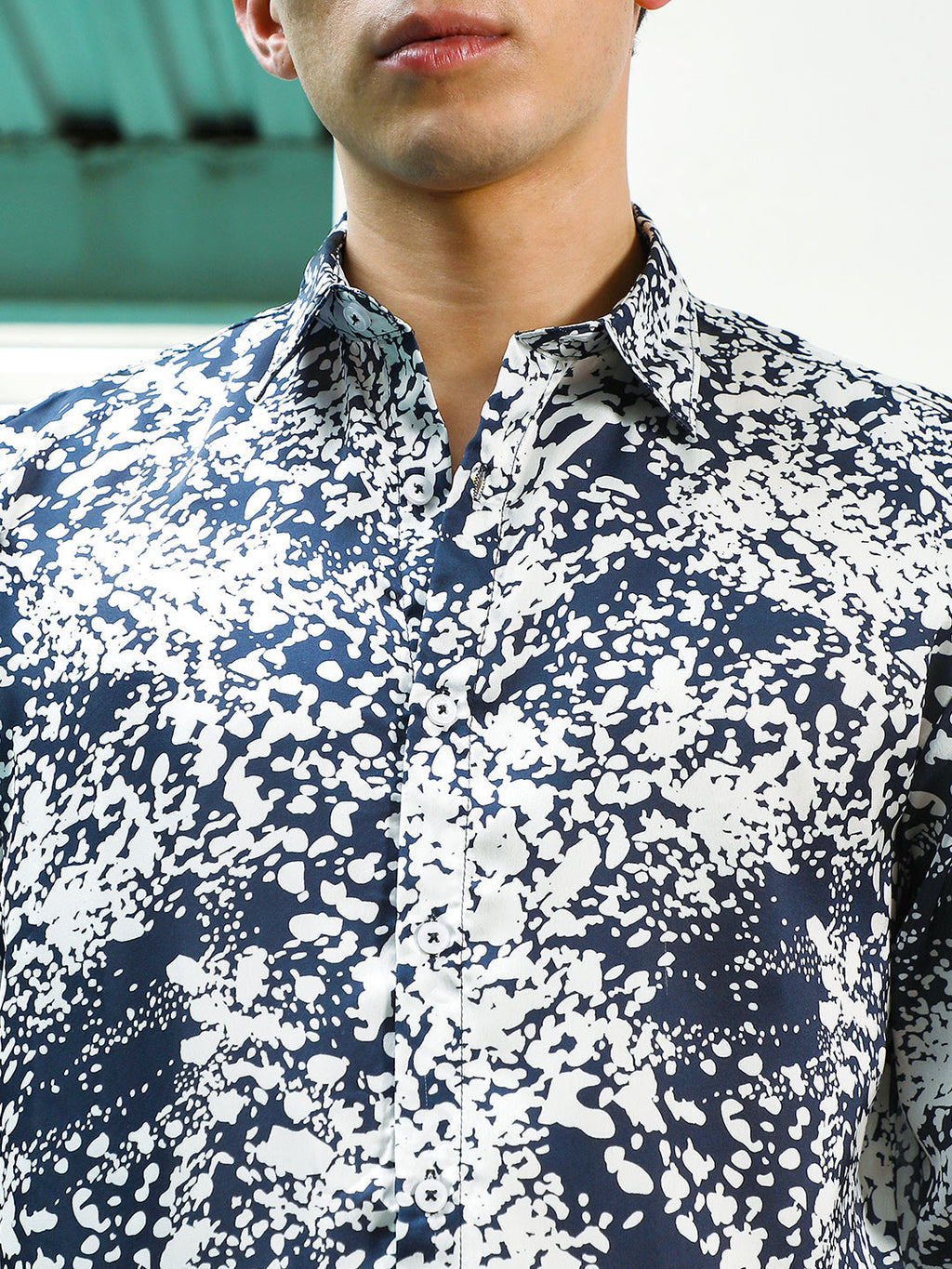 Navy Blue and White Abstract Pattern Rayon Shirt
