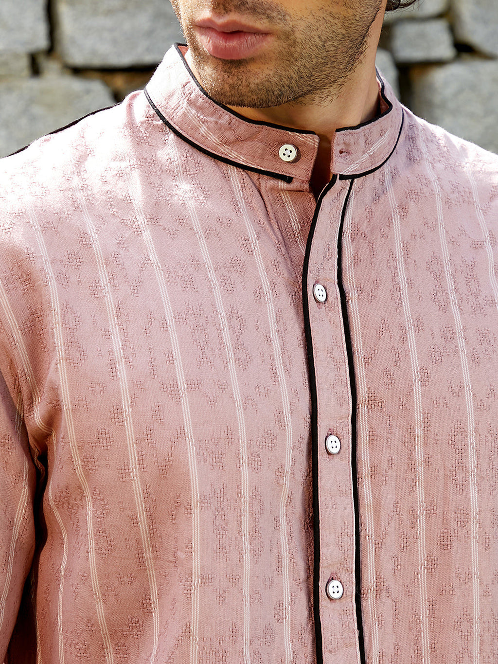 Striped-Jacquard Mandarin Shirt